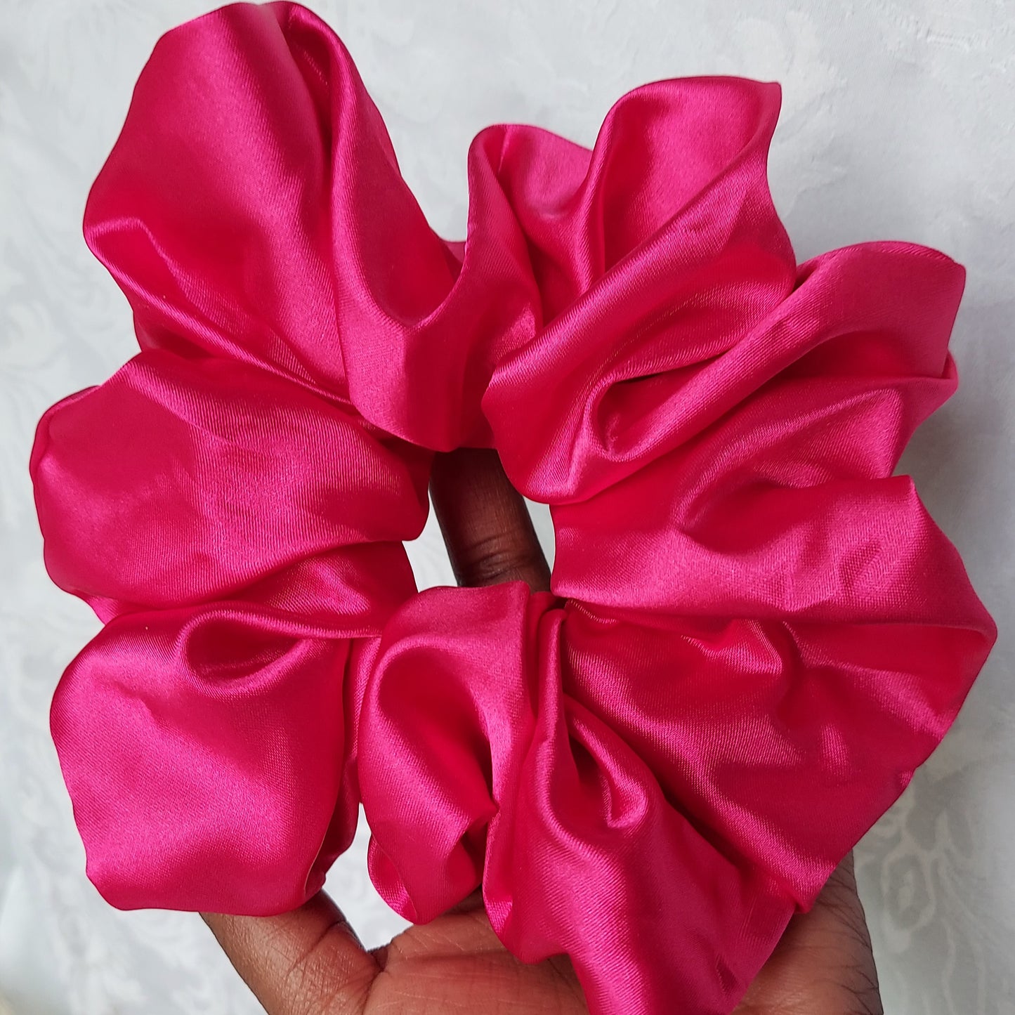 Raspberry pink Satin Scrunchies.