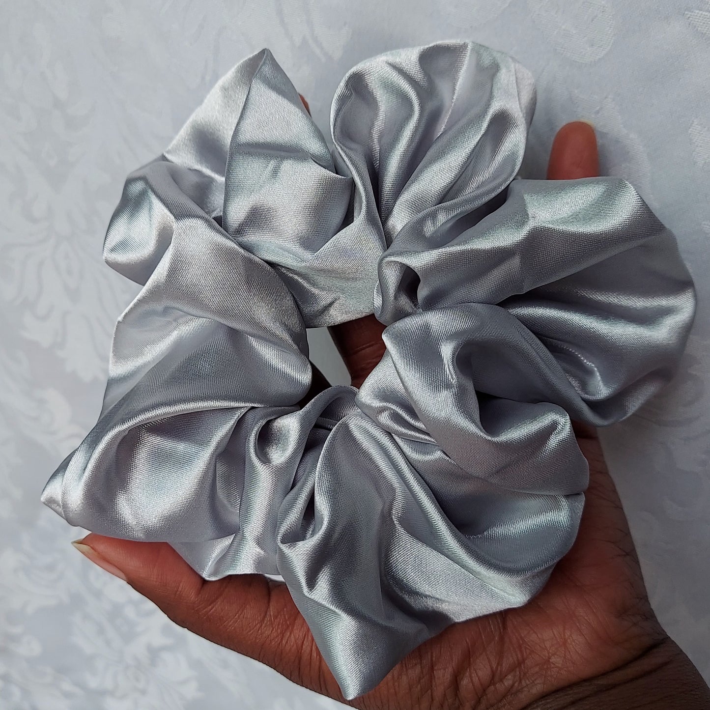 Silver Mist Satin Scrunchies.